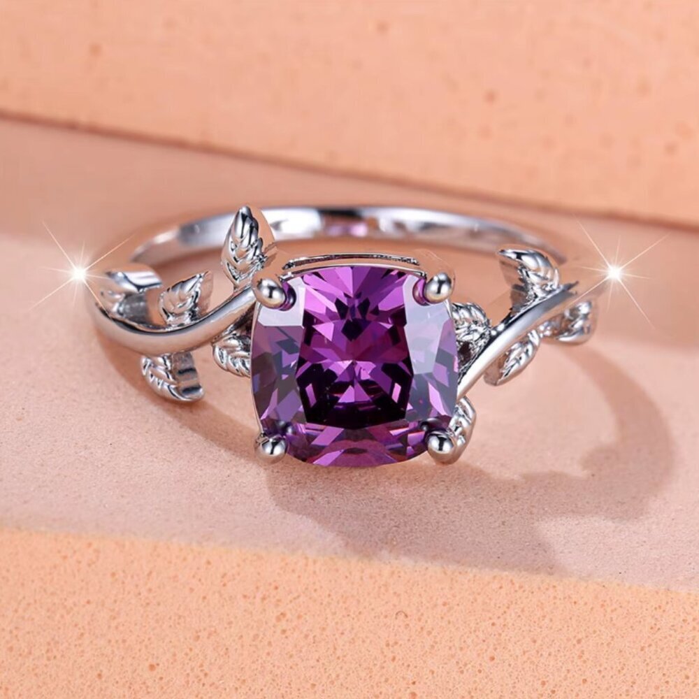 NEW 14k White Gold Amethyst Purple Diamond Ring Cushion Cut Ring